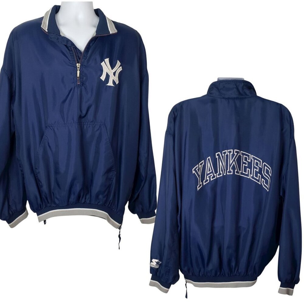 VTG 90s Starter New‎ York Yankees Warmup Jacket Quarter Zip Mens XL FLAWS